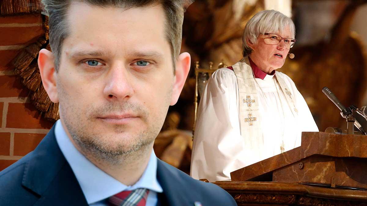 En kyrka som inte vågar vara kyrka utan faller handlöst i den förbannade samtidens snäva perspektiv runt frågor upphör ganska snart att vara kyrka. På bild: Ärkebiskopen Antje Jackelén. (Foto: TT / Montage)