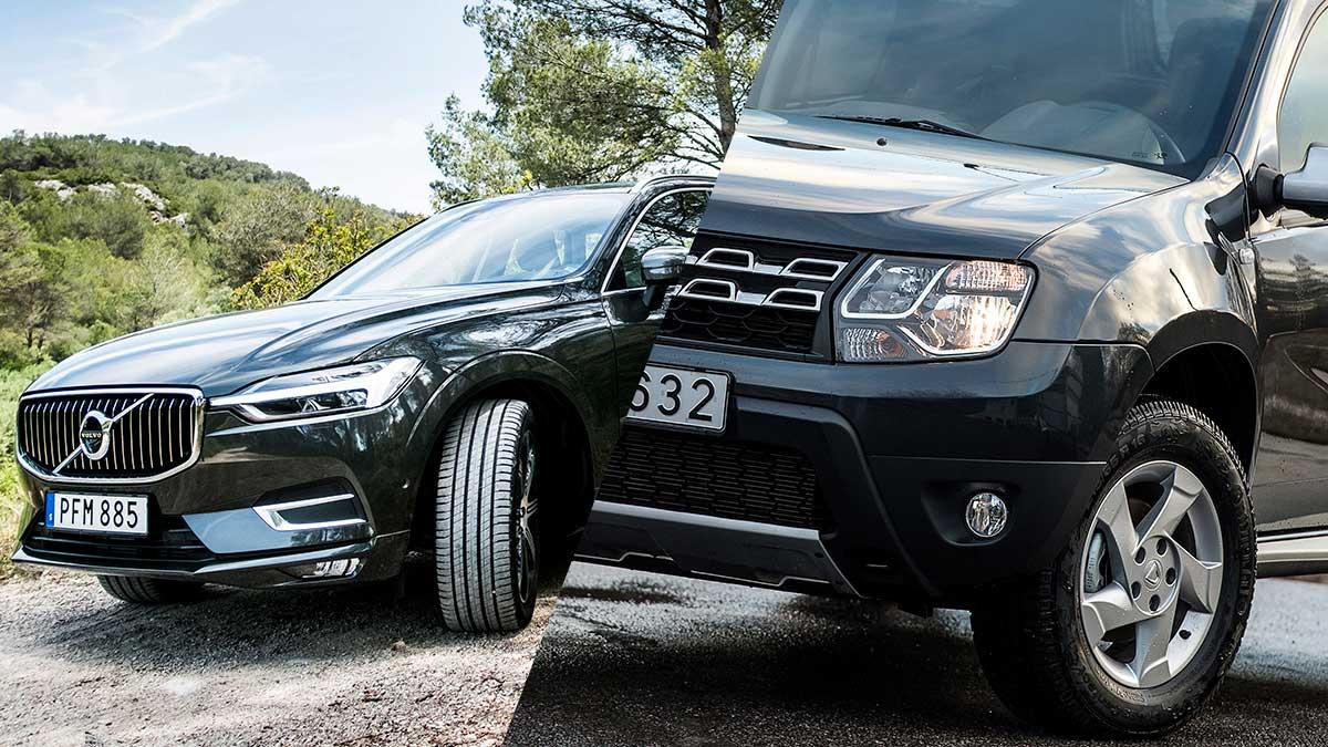 Volvo XC60 (vänster) får toppbetyg i försäkringsbranschens tester medan Dacia Duster (höger) får bottenbetyg.(Foto: TT / Montage)