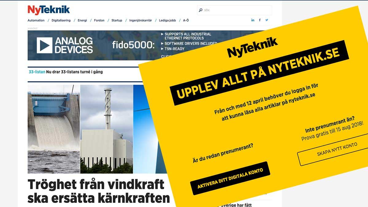 Tidningen Ny Teknik lanserar i dag en digital premiumtjänst efter att läsningen i digitala kanaler ökat kraftigt under de senaste nio månaderna. (Skärmdump: Nyteknik.se / Montage)