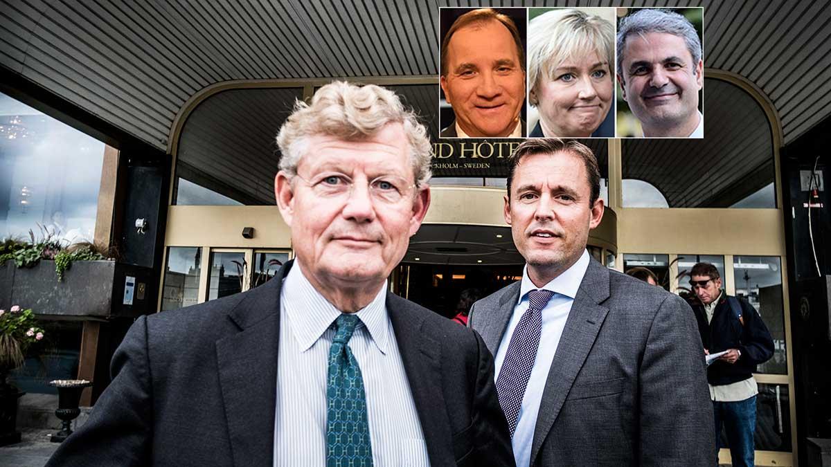 Investors styrelseordförande Jacob Wallenberg och vd:n Johan Forssell har bjudit in statsminister Stefan Löfven och regeringskollegorna Helene Hellmark Knutsson och Ibrahim Baylan till det glamourösa 100-årskalaset på Grand hotel i Stockholm. (TT / montage)