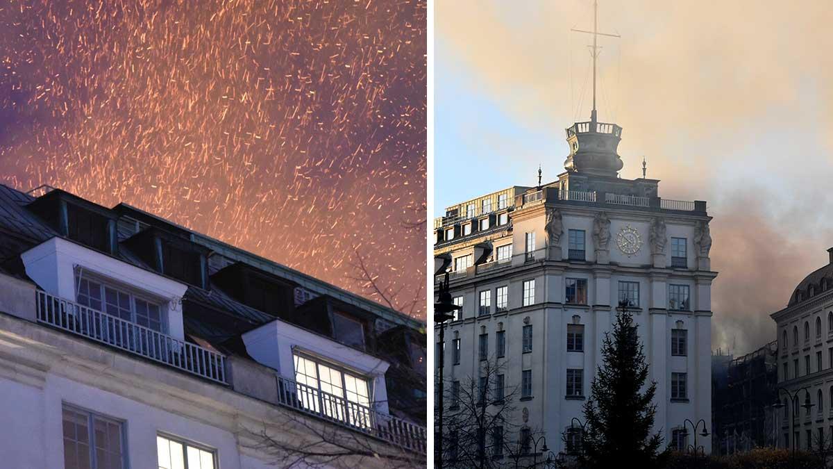 En fastighet på Stureplan har brunnit kraftigt sedan 05.00-tiden på tisdagsmorgonen. (Foto: TT / Montage)