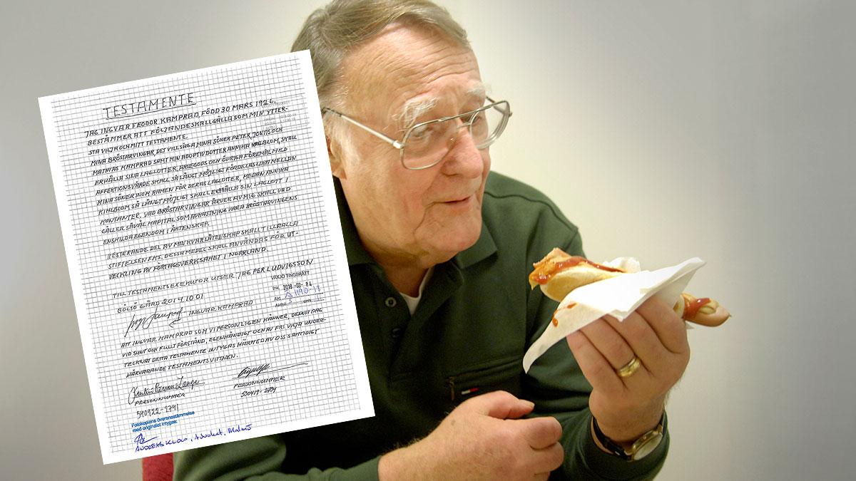 Ingvar Kamprad med en Ikeakorv. Nu visar det sig att den stenrike möbelgrundaren skrivit sitt testamente för hand. (Foto: TT / montage)