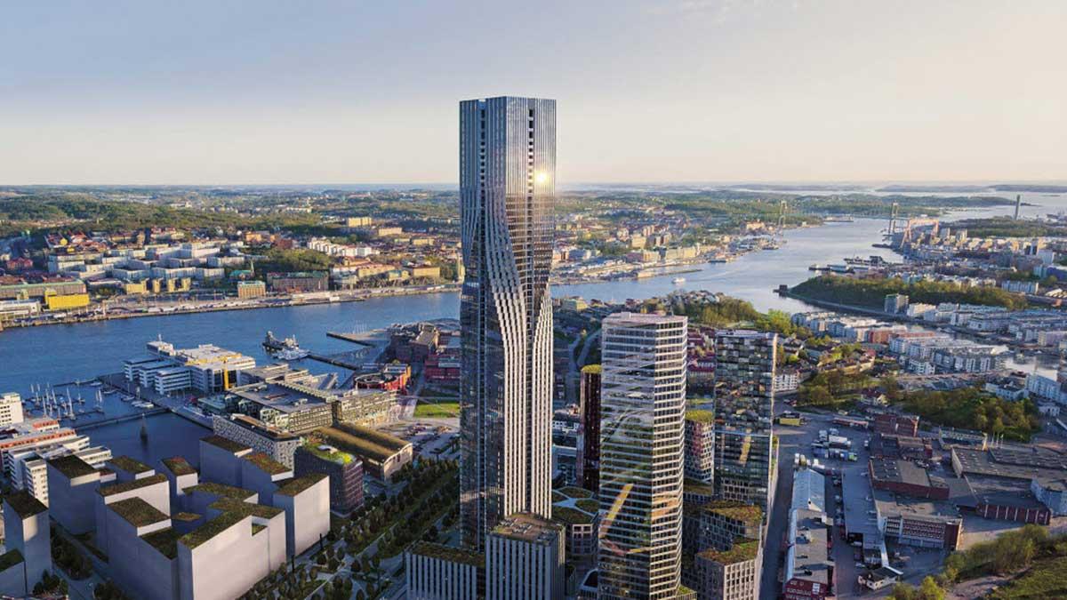 Illustration av Karlatornet i Göteborg. Byggbolaget Serneke skjuter nu upp försäljningen av Karlatornet på grund av det osäkra läget på den globala finansmarknaden. (Foto: Serneke Group/Press)