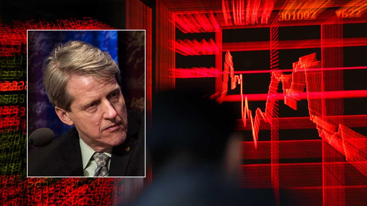 Nobelprisekonomen Robert Shiller (infälld bild) tror inte att marknadskalabaliken är över ännu eftersom paniken kring coronaviruset inte har nått sin peak. (Foto: TT / montage)