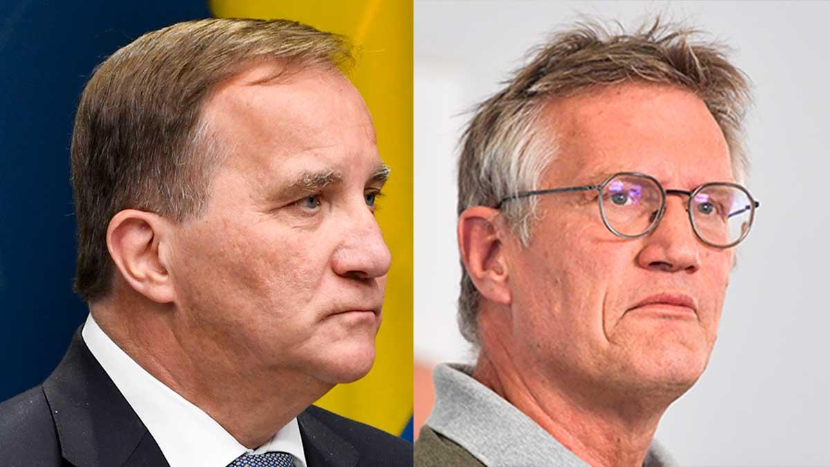 Svenskarnas förtroende för regeringen och Folkhälsomyndigheten rasar i pandemins spår. På bilden syns statsminister Stefan Löfven (S) och statsepidemiolog Anders Tegnell på Folkhälsomyndigheten. (Foto: TT / montage)