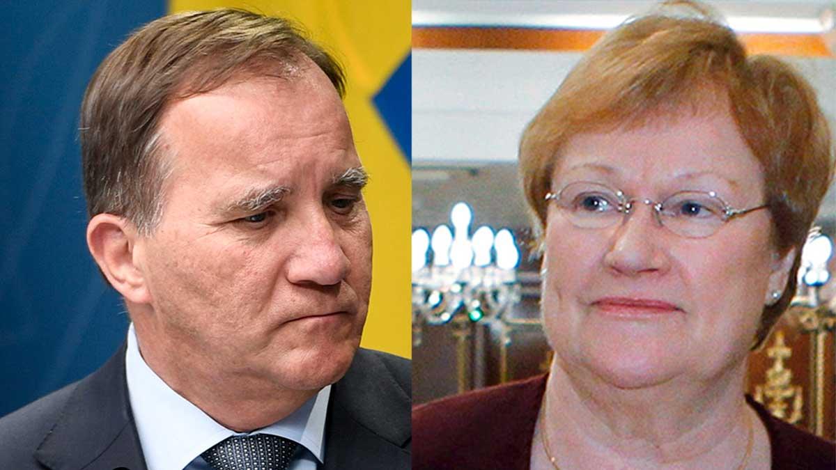 Stefan Löfven pikas för Sveriges coronastrategi av Finland tidigare president Tarja Halonen. (Foto: TT / montage)