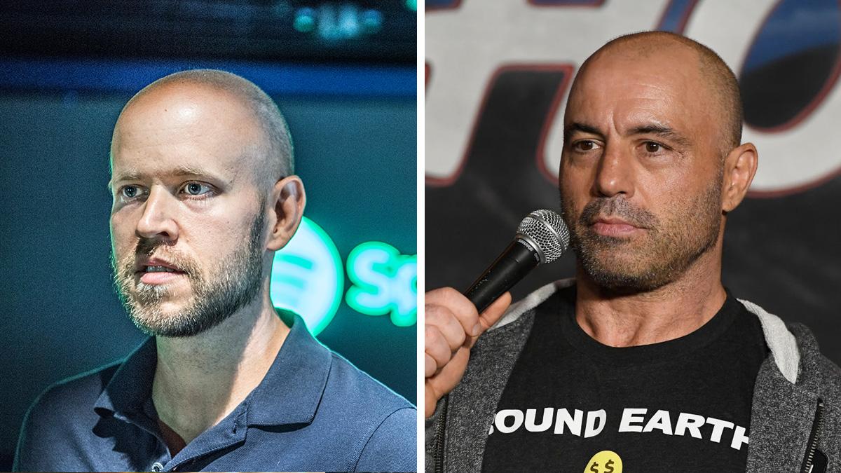 Anställda är upprörda över att vissa podd-avsnitt tillåts på plattformen. Till vänster Daniel Ek, till höger Joe Rogan. (Foto: TT / Michael Schwartz)