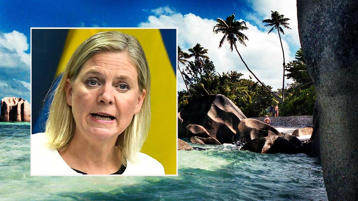 Finansminister Magdalena Andersson (S) och regeringen lägger nu fram ett lagförslag som ska göra EU:s svartlistade skatteparadis mindre attraktiva för svenska företag. (Foto: TT / montage)