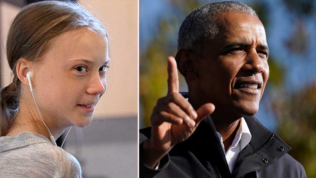 Barack Obama hyllar i en exklusiv DN-intervju svenska Greta Thunbergs klimatengagemang. (Foto: TT / montage)