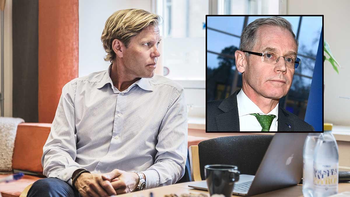 Facket är förvånat över Rickard Gustafsons (infälld bild) beslut att lämna SAS mitt under brinnande pandemikris. "Det tog oss lite på sängen", säger Wilhelm Tersmeden ( t v i bild), ordförande på bolagets svenska pilotfack. (Foto: TT / montage)