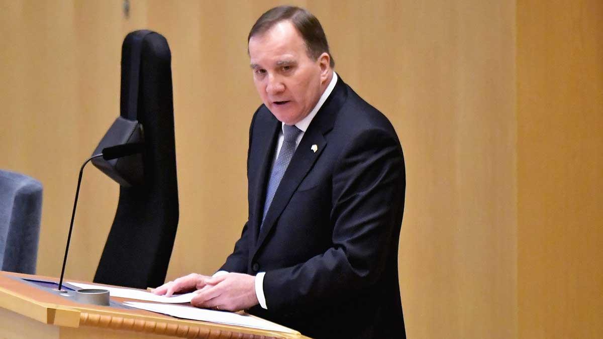 S partiledare, statsminister Stefan Löfven, under årets första partiledardebatt. (Foto: TT)