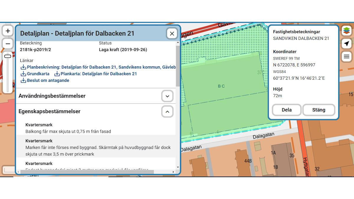 I den Nationella geodataplattformen kan du se, söka och ladda ner den digitala informationen via API. Här syns en detaljplan från Sandviken, som den ser ut i en testversion av Lantmäteriets kommande e-tjänst