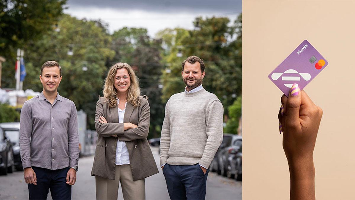 Axel Johnson-koncernens dotterbolag, fintech-startupen Humla lanserar ett nytt debitkort med förmåner. Humlas ledning från vänster: vd Emil Berg Eckerrot, CCOCamilla Tullberg Wengholm och CPTO Carl-Johan Hedström.