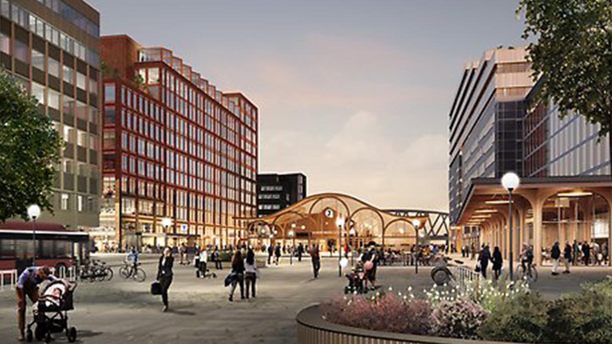 Idéskiss över det nya torget och järnvägsstationen i Sundbyberg när järnvägen däckats över.