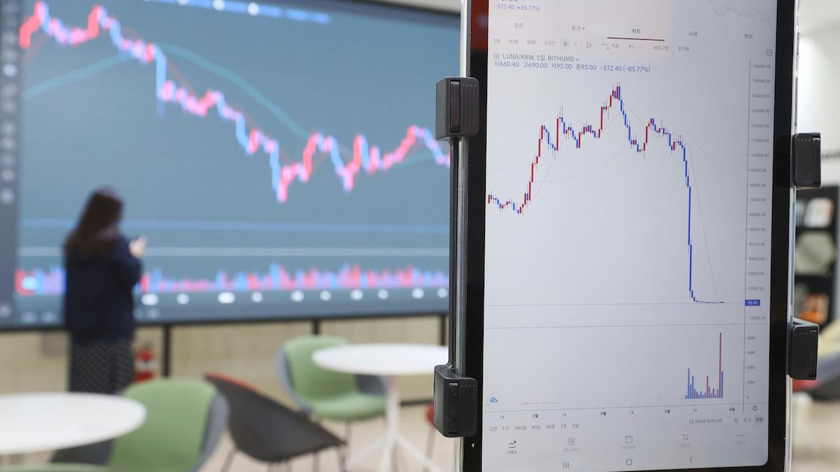 En skärm, visar fallande värden på kryptovalutan Luna den 27 maj 2022. Sydkoreanska åklagare har utrett kollapsen av Terraforms kryptovaluta och har nu utfärdat en arresteringsorder för Terraform Labs gundare Do Kwon och ytterligare fem personer