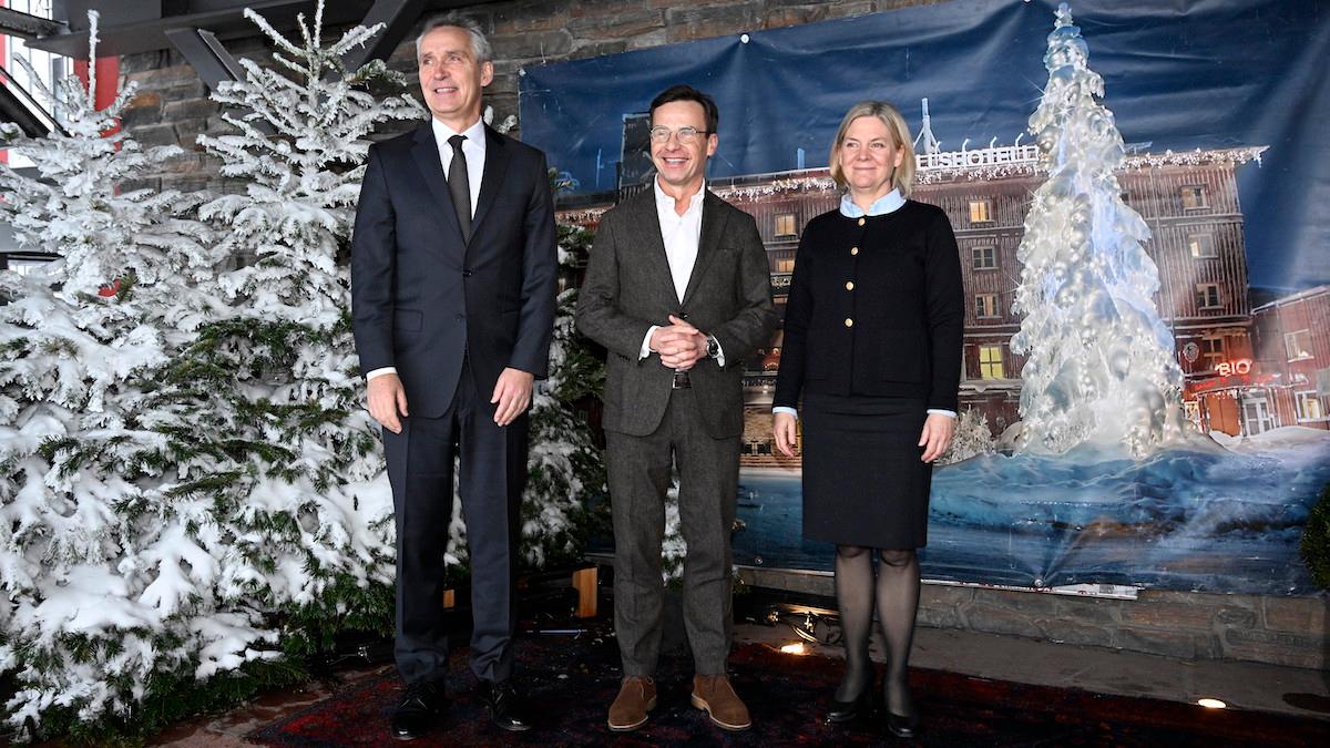 Nato-chefen Jens Stoltenberg, Statsminister Ulf Kristersson och Socialdemokraternas partiledare Magdalena Andersson vid Folk och försvars rikskonferens i Sälen på söndagen