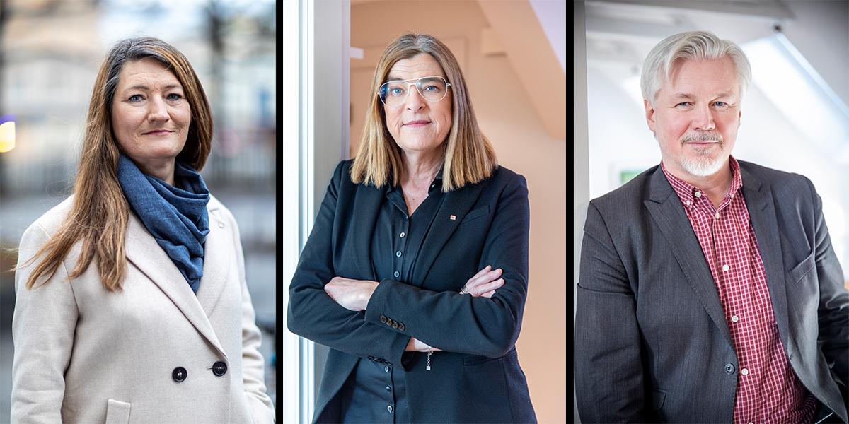 Susanna Gideonsson, ordförande för LO, LO:s förste vice ordförande Therese Guovelin, i mitten, och LO:s avtalssekreterare Torbjörn Johansson, till höger
