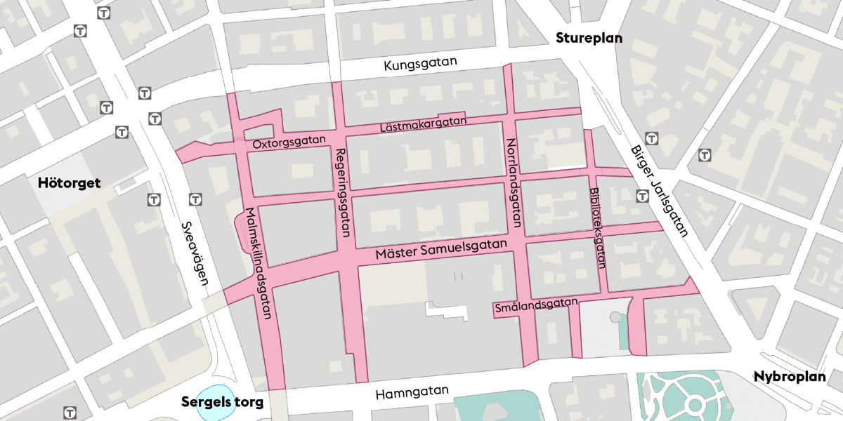 Här är miljözon 3 i Stockholms innerstad, en zon som blir fri från bensin- och dieseldrivna fordon från och med nyår. (Illustration: Stockholms stad)