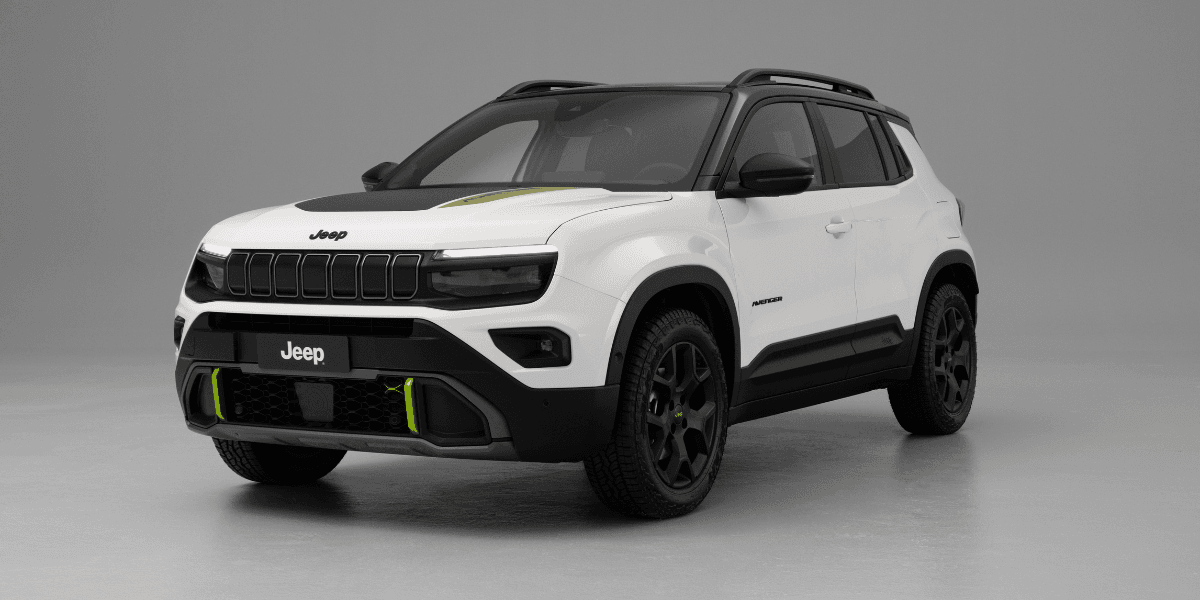 Jeep Avenger 4xe. Jag brukar inte vara den som säger det men de gröna detaljer lyfter den annars ganska tråkiga designen. (Foto: Stellantis)