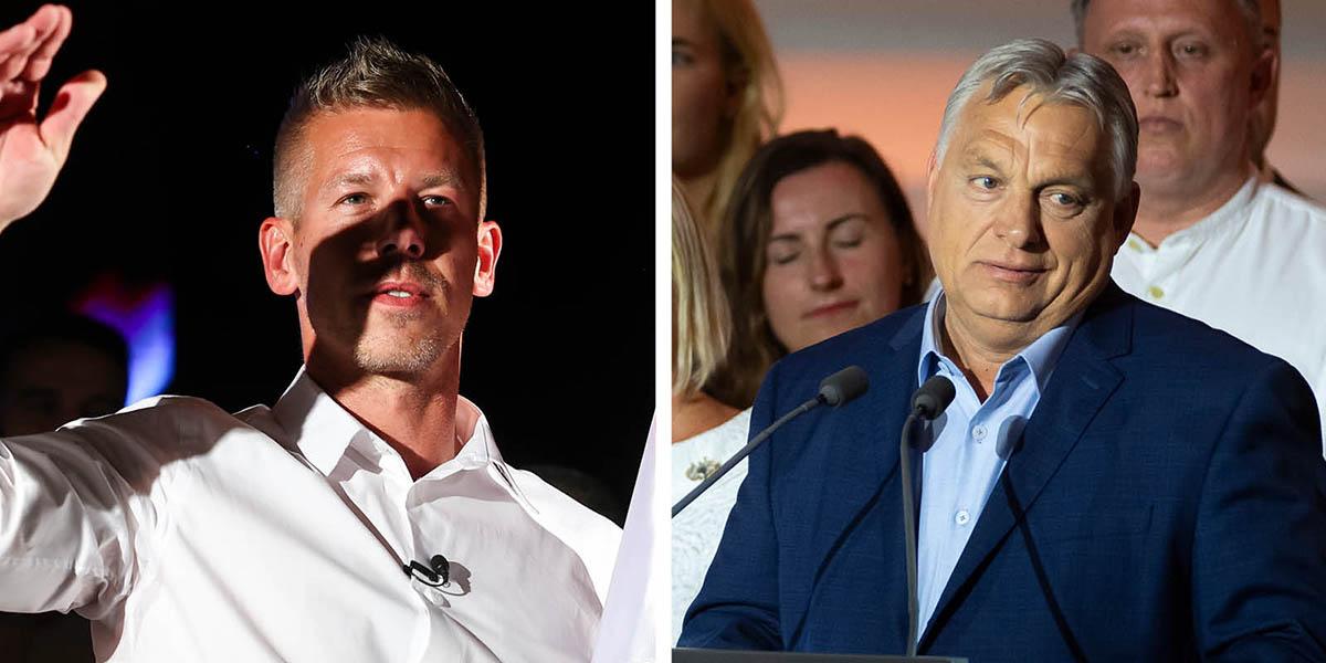 Porträtt bilder på de ungerska politikerna Peter Magyar och Viktor Orban.