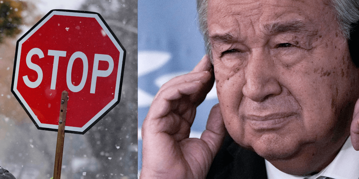Kollage föreställande en stoppskylt och FNs generalsekreterare Antonio Guteress.