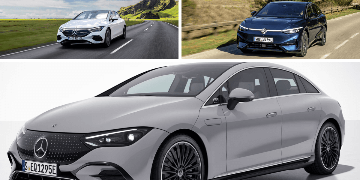 Upp till kamp. Vilken bil vinner sedan-kampen? Vi kollar närmare på BMW i5, Volkswagen ID.7 samt Mercedes EQE. (Foto: BMW, Volkswagen, Mercedes)