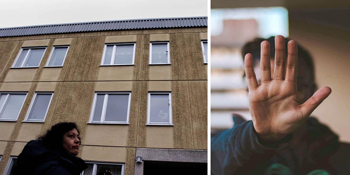 En bild på en kvinna utanför ett hyreshus och en bild på en man som håller upp handen i ett stopptecken framför ansiktet.