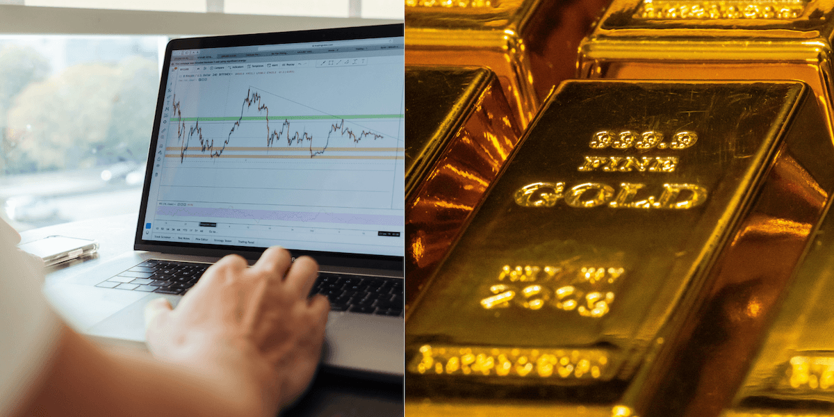 En man som gör en investering och vid sdian av guldtackor.