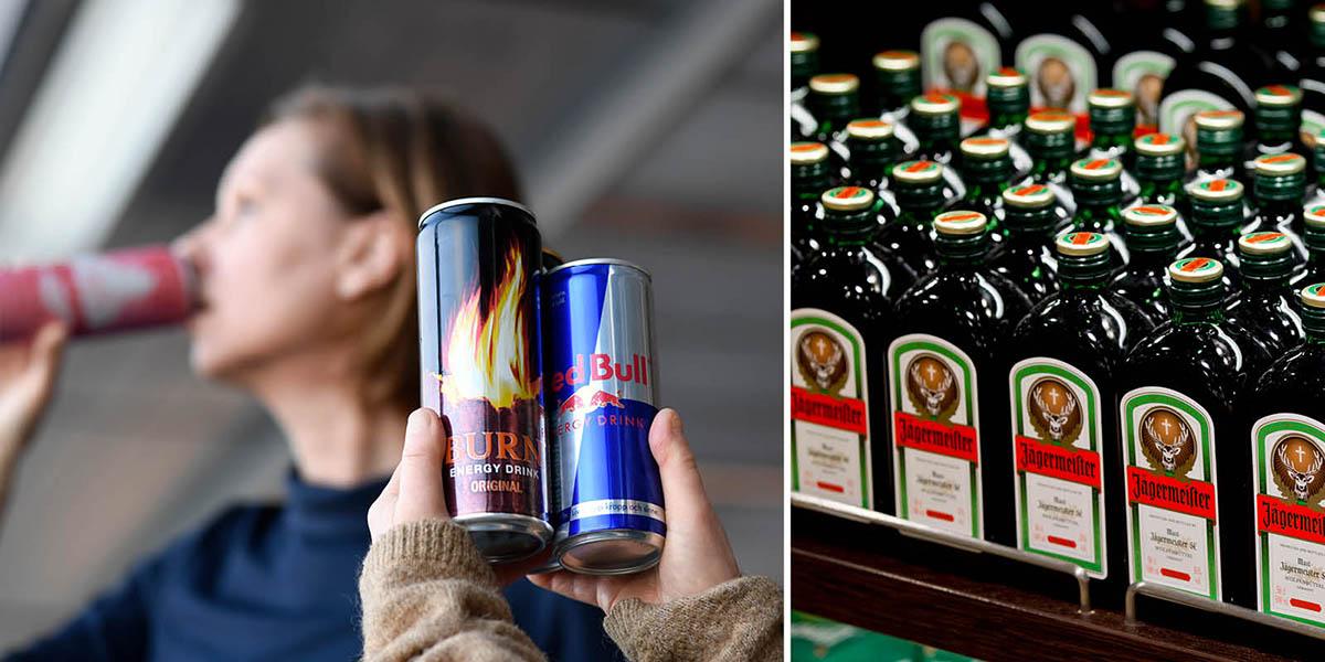 En kvinna som dricker energidryck och en bild på flaskor med Jägermeister .