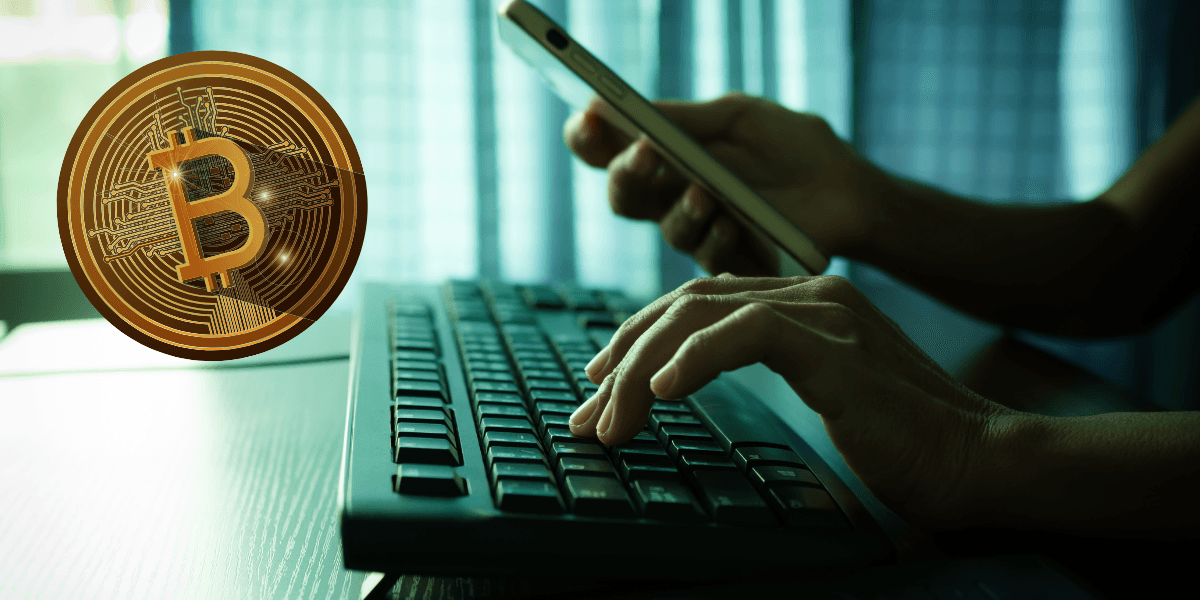 Bitcoin symbol och person med dator och mobiltelefon.