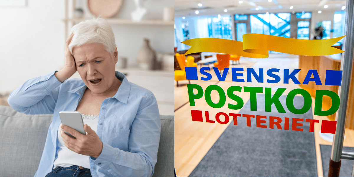 Kvinna är bekymrad. Postkodlotteriets logotyp.