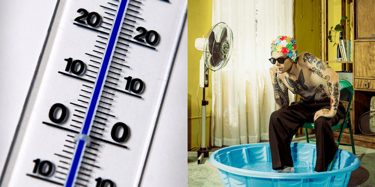 Bild på en man som sitter i en varm bostad och försöker svalka sig och en termometer. Ibland kan det kännas som en bastu.