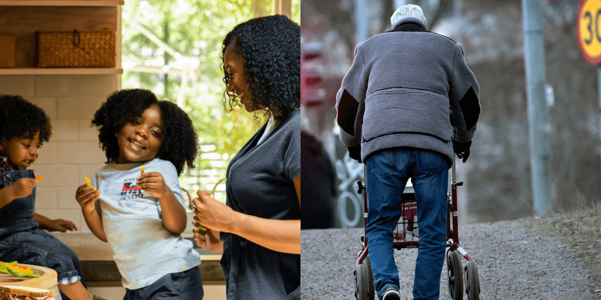 Bild på en familj och en pensionär. Att spara pengar genom livet kan vara en livslång resa.