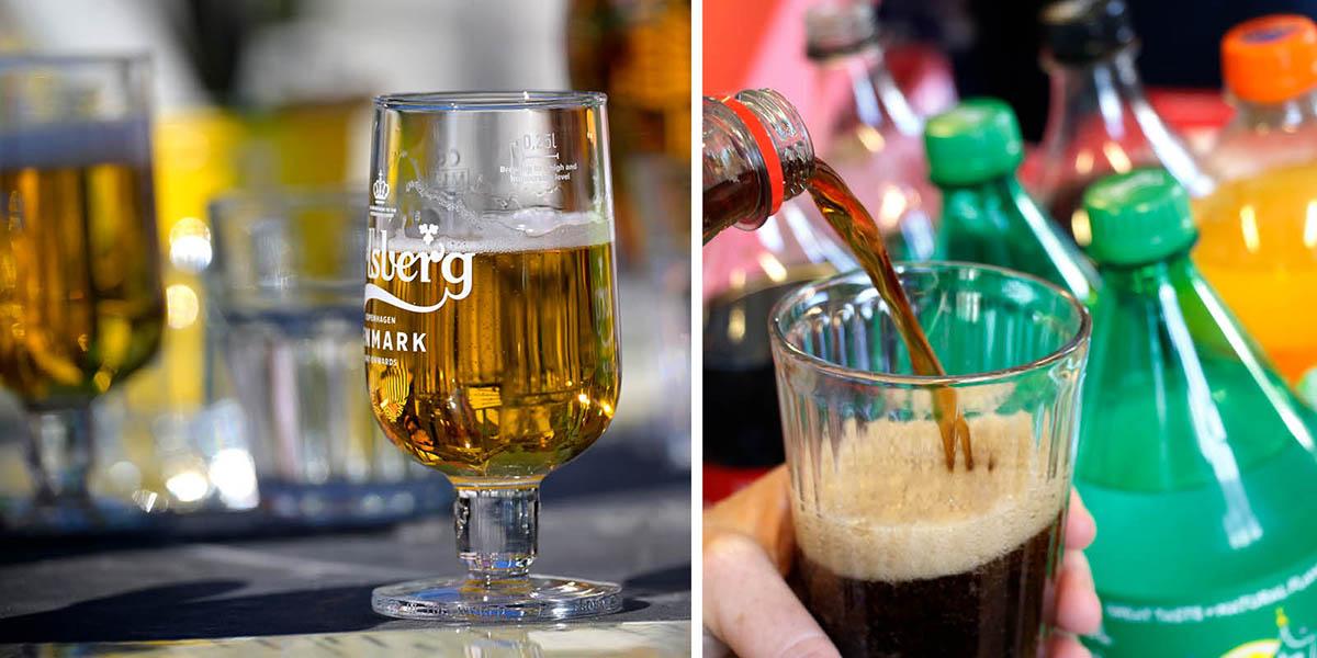 En bild på ölglas med Carlsbergs logo och en bild på läsk som hälls upp i ett glas.