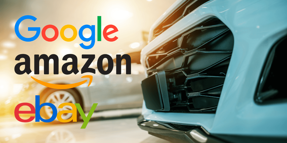 Skulle du klicka hem en bil på Amazon? Det vill i alla fall både biltillverkare och Amazon själva. (Foto: Getty Images, Google, Amazon och Ebay)