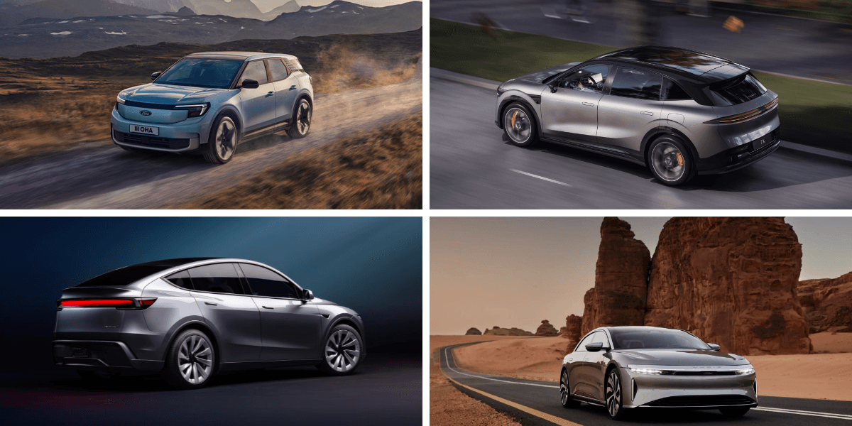 Två av dessa bilar är usla på räckvidd medan de två andra är riktigt bra. (Foto: Ford, Tesla, Zeekr och Lucid)