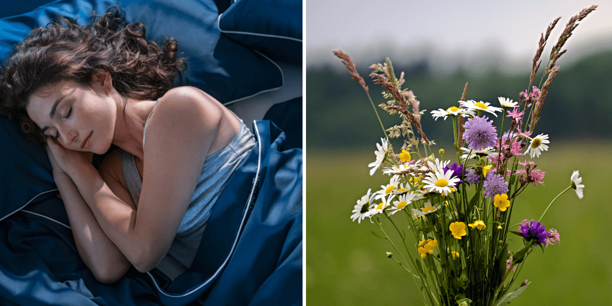 Kvinna som sover med midsommarblommor under kudden – tradition och doftterapi i ett.