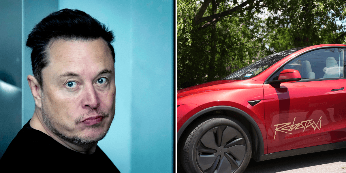 Tesla Robotaxi i Austin, Texas, under testkörning 2025 – självkörande elbil som nu är föremål för aktieägarstämning mot Elon Musk om farlig autonom körteknik och brott mot trafiklagar.