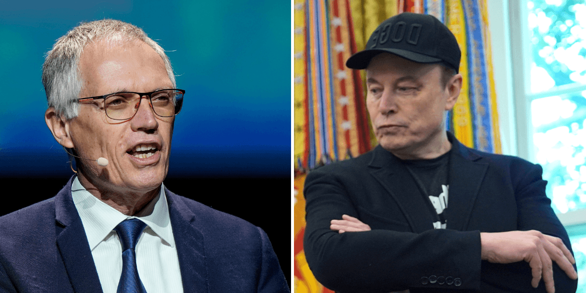 Stellantis före detta vd Carlos Tavares spekulerar i att Elon Musks Tesla kan sluta med bilar och att bolaget skulle kunna vara borta om 10 år. (Kollage: Evan Vucci / Michel Euler / AP / TT)