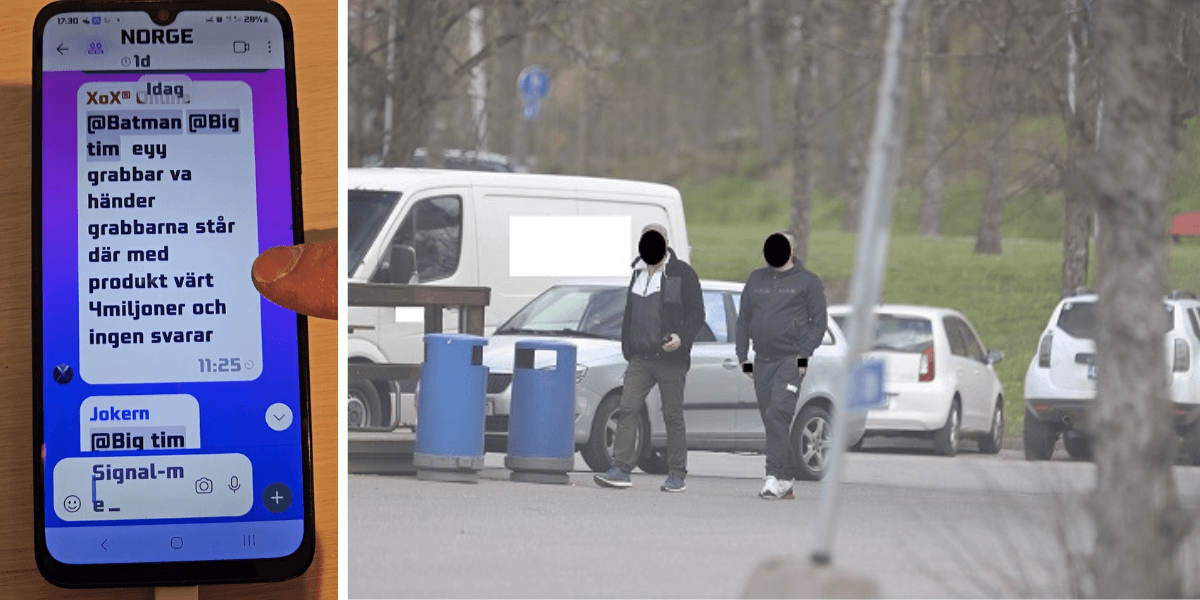 Till vänster: De misstänktas meddelanden om narkotikapartiet. Till höger: Polisens observationsfoto av de misstänkta.