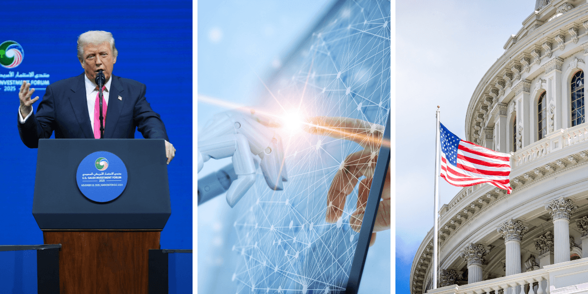 Hur blir det med AI-lagarna och delstaternas möjlighet att ha egna lagar? (Foto: Evan Vucci/AP/TT och Canva)