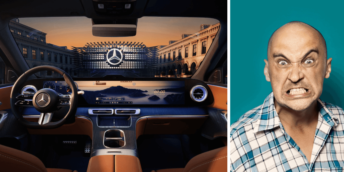 Varningar, lampor och signaler. Säkerheten i bilarna bidrar till det rakt motsatta. (Foto: Mercedes och Canva)