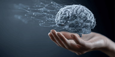 Illustration av en mänsklig hjärna med synliga neurala nätverk som hålls i en öppen hand.