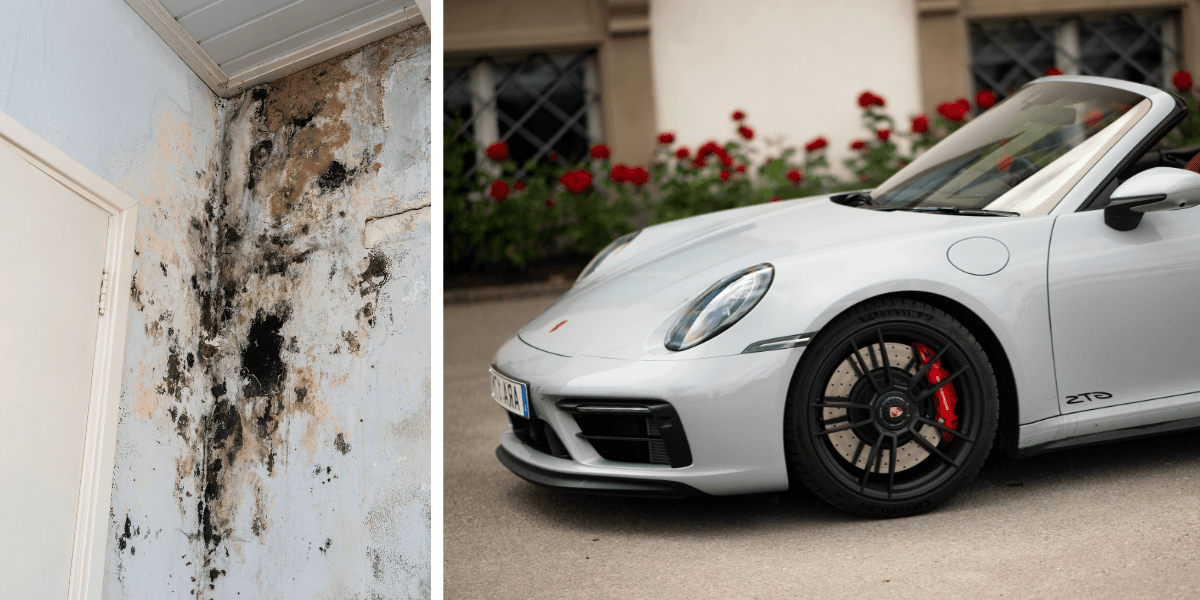 Bildkollage med två delar: till vänster en fuktskadad och möglig innervägg i ett bostadshus, till höger en sportbil av märket Porsche parkerad framför ett hus. Bilderna är arkivbilder och symboliserar kontrasten mellan hyresgästernas boendemiljö och hyresvärdens livsstil.