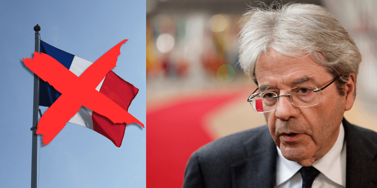 Överstruken fransk flagga och bild på Paolo Gentiloni.