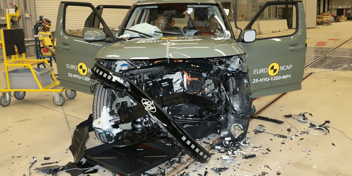 Hyundai Inster efter ett oväntat möte med väggen i Euro NCAP:s senaste test. (Foto: EuroNcap)