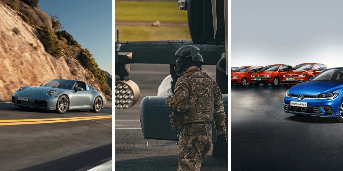 När bilaffärerna går dåligt får man kolla på annat, som försvarsindustrin. (Foto: Lincoln Holley on Unsplash, Porsche och Volkswagen)