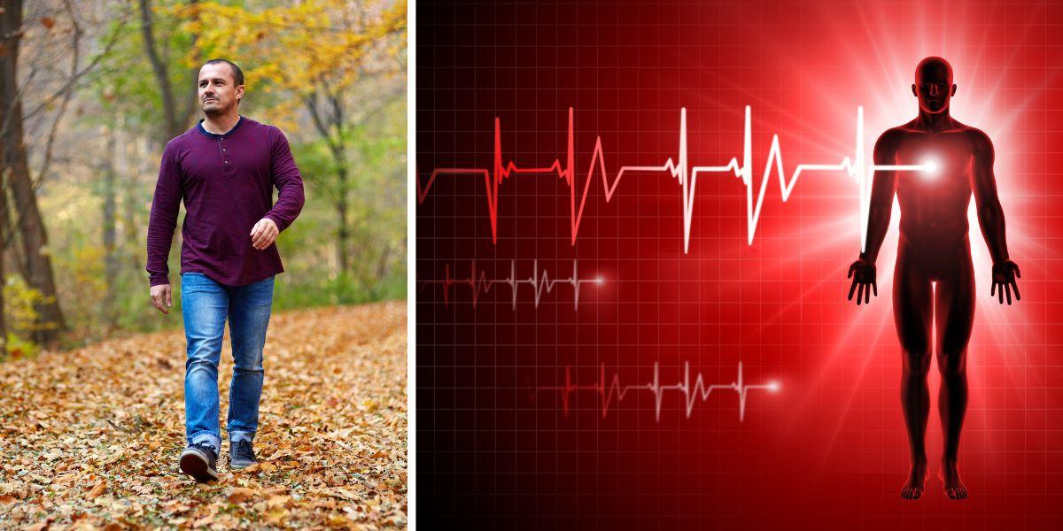 En man promenerar i skogen och en illustration av en man med ett hjärta som slår