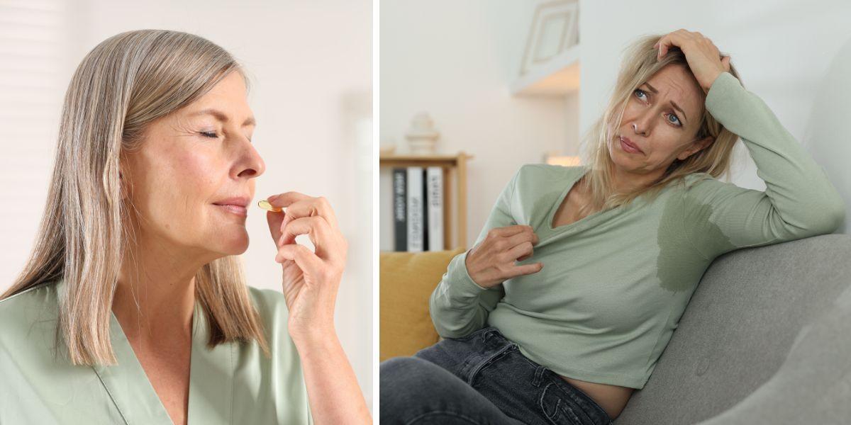 En kvinna tar ett piller och en kvinna svettas ymnigt. Ett nytt hormonfritt piller mot värmevallningar under klimakteriet har godkänts i USA.