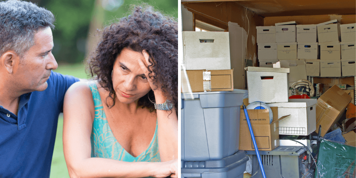 Ett par ser bekymrade ut, bredvid en bild på ett överfullt garage med kartonger, plastlådor och gamla prylar som lämnats kvar av vuxna barn.